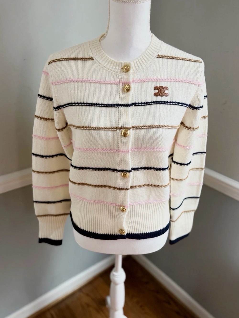 CELINE Paris Triomphe Striped Wool Blend Cardigan Medium Ivory Gold Italy